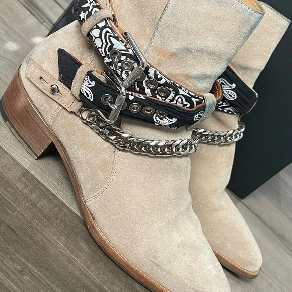 AMIRI Beige Ankle Boots with Chain and Bandana